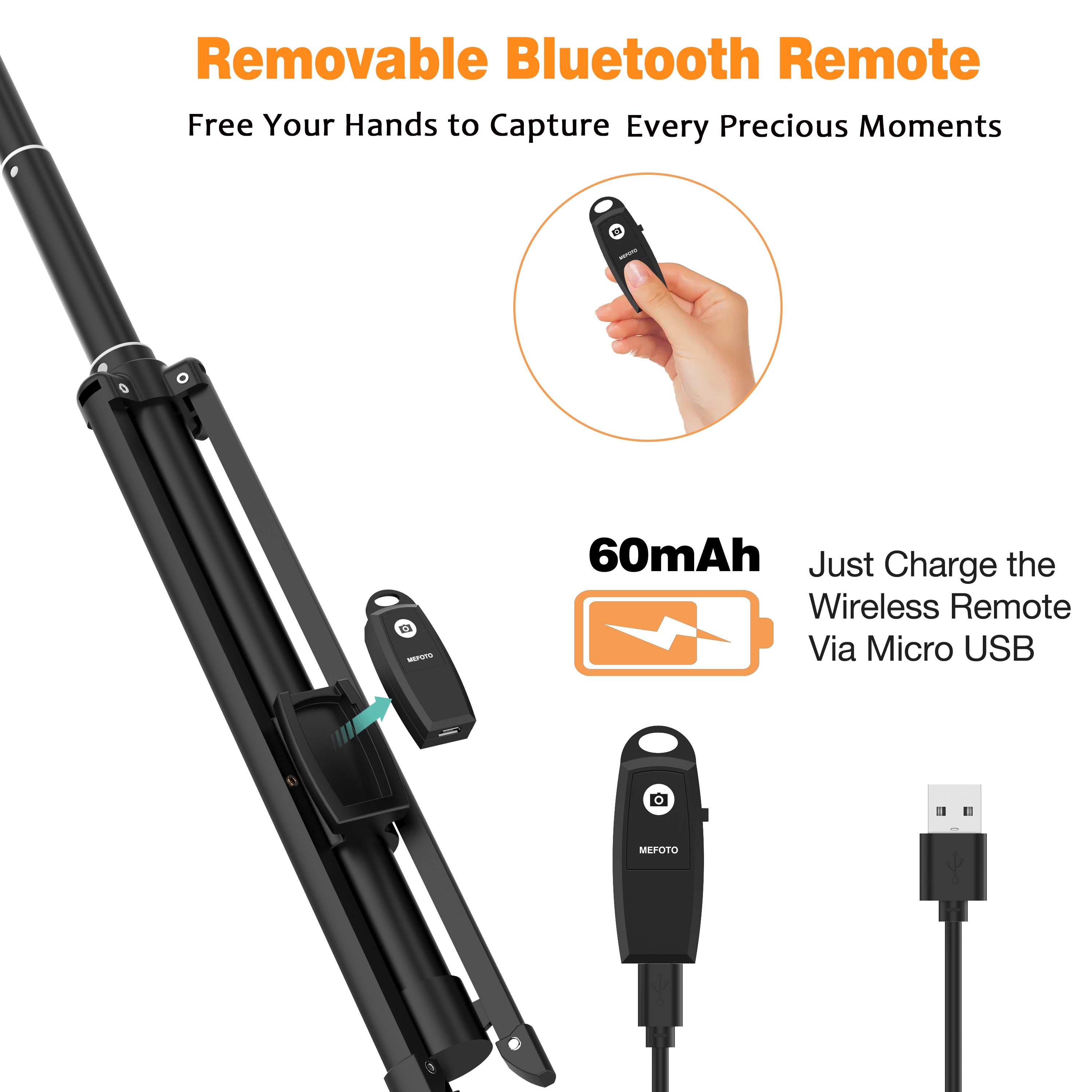 Selfie Stick Tripod for Phone or Camera with Rechargeable Bluetooth