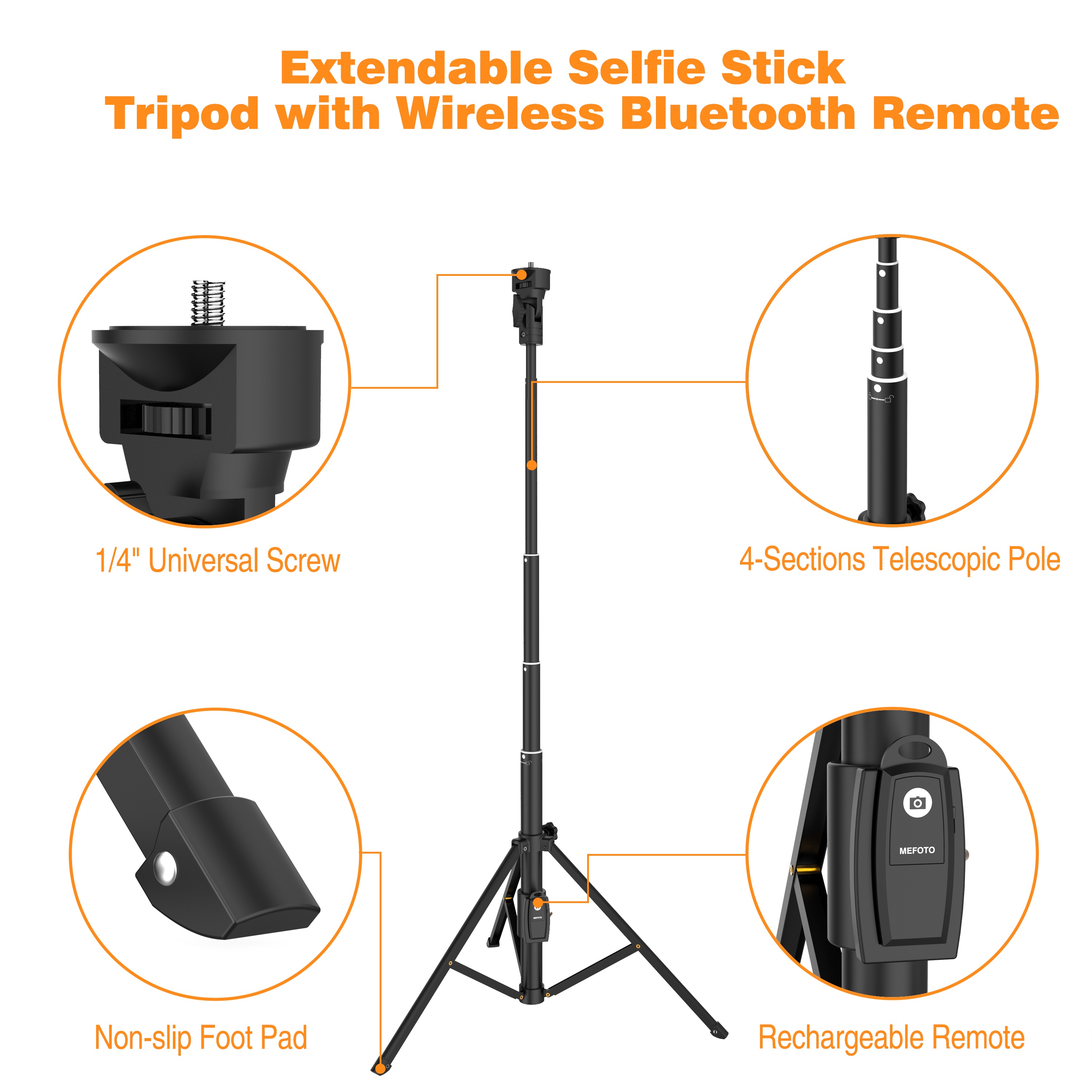 Selfie Stick Tripod for Phone or Camera with Rechargeable Bluetooth